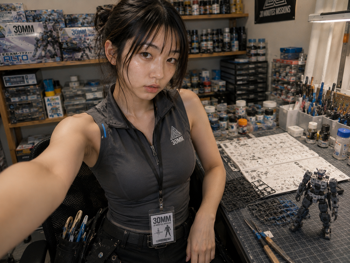 生成AIによる案内役キャラクター桐生ここねが、デスクの完成品フィギュアと一緒にセルフィー風に撮影しているクローズアップ